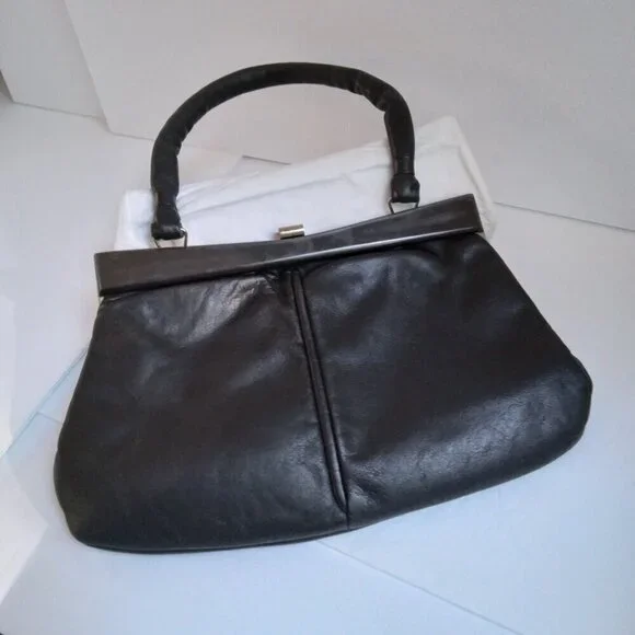 Unique Vintage Black Leather Satchel/Shoulder Frame Bag wth Chic Sleek Features - Picture 8 of 15